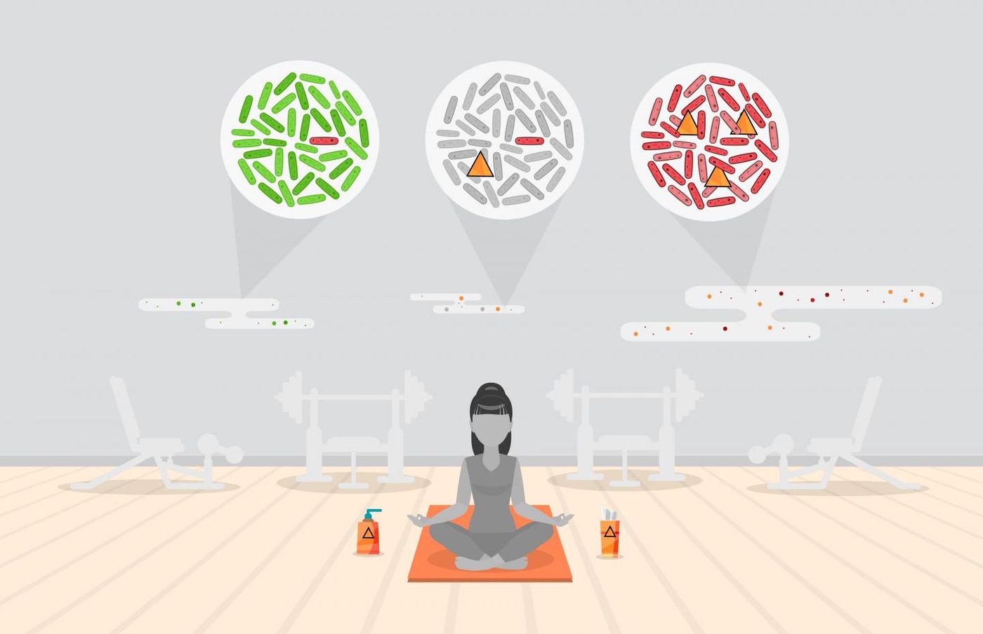 An illustration showing dust samples taken from around an athletics facility. These samples contain bacteria and triclosan, which is represented by a triangle. / Credit: Vlad Tchompalov, upsplash.com/@tchompalov