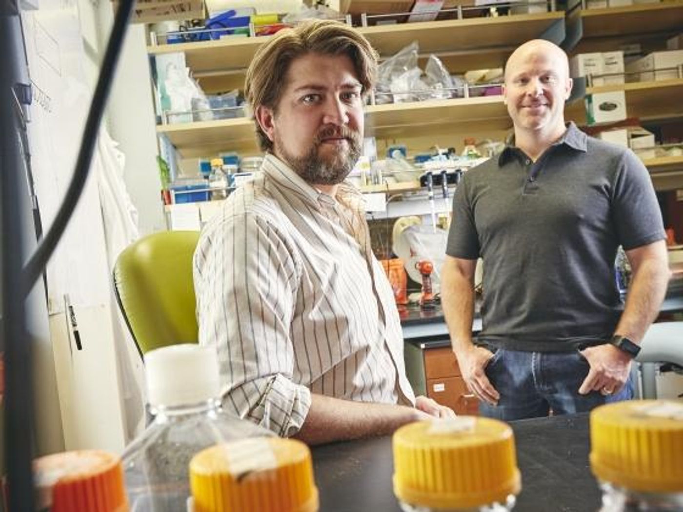 Michael Coryell, a doctoral student in the Department of Microbiology and Immunology at Montana State University and fellow in the Molecular Biosciences Program, left, and Seth Walk, associate professor in the Department of Microbiology and Immunology / Credit: Adrian Sanchez-Gonzalez