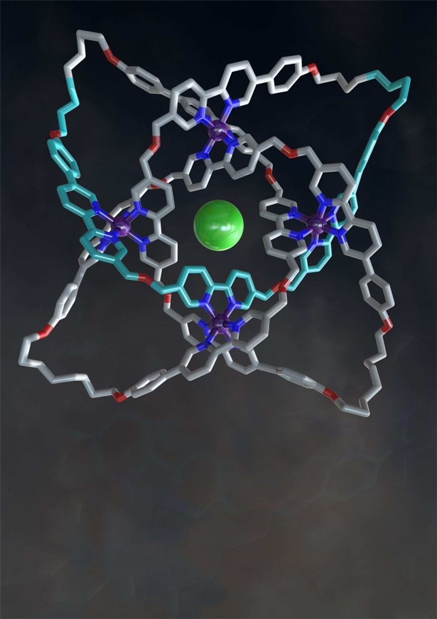 X-ray crystal structure of a 192-atom-loop molecular 8(19) knot featuring iron ions (purple), oxygen atoms (red), nitrogen atoms (dark blue), carbon atoms (metallic grey, with building blocks in light blue) and a single chloride ion (green) at the center of the structure. Image credit: Robert W. McGregor (www.mcgregorfineart.com). 