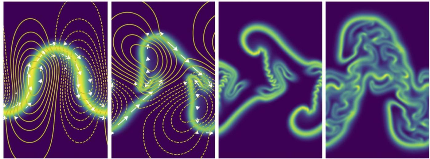 A sheet of tiny swimming organisms that "push" themselves through fluid with, say, flagella, create forces in the liquid that bend the sheet in asymmetric, shrinking folds. / Credit: Saverio Spagnolie