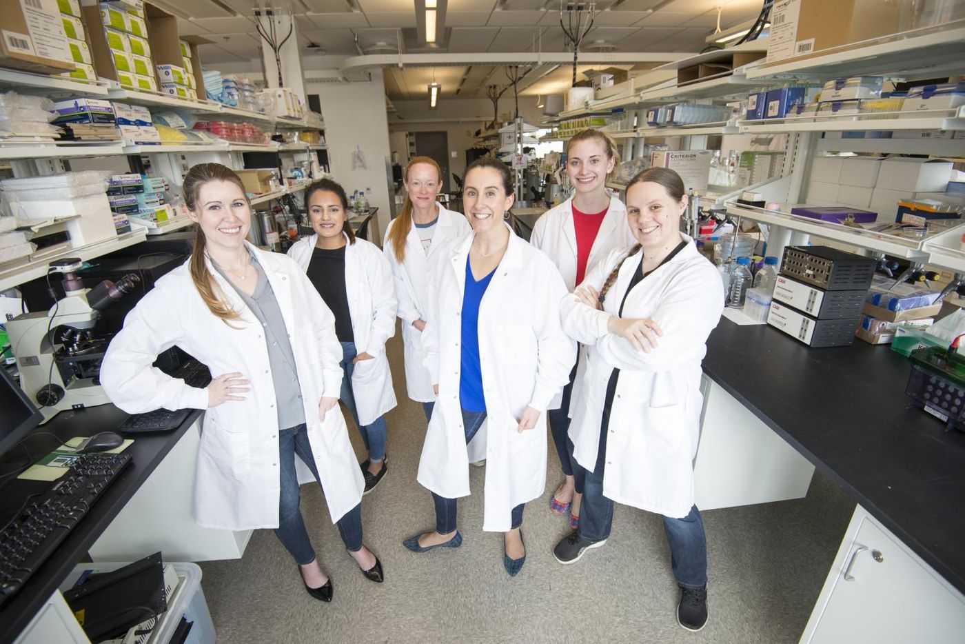 Members of the authorship team are shown inside the Peixoto lab at WSU Health Sciences Spokane. From left to right: Ashley Ingiosi, Elizabeth Medina, Kristan Singletary, Lucia Peixoto, Taylor Wintler, and Hannah Schoch. / Credit: Photo by Cori Kogan, Washington State University Health Sciences Spokane