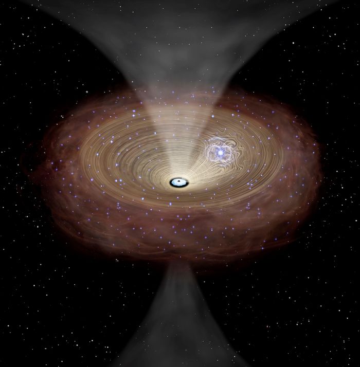 An artist's rendition of gas being driven into a supermassive black hole by a supernova.