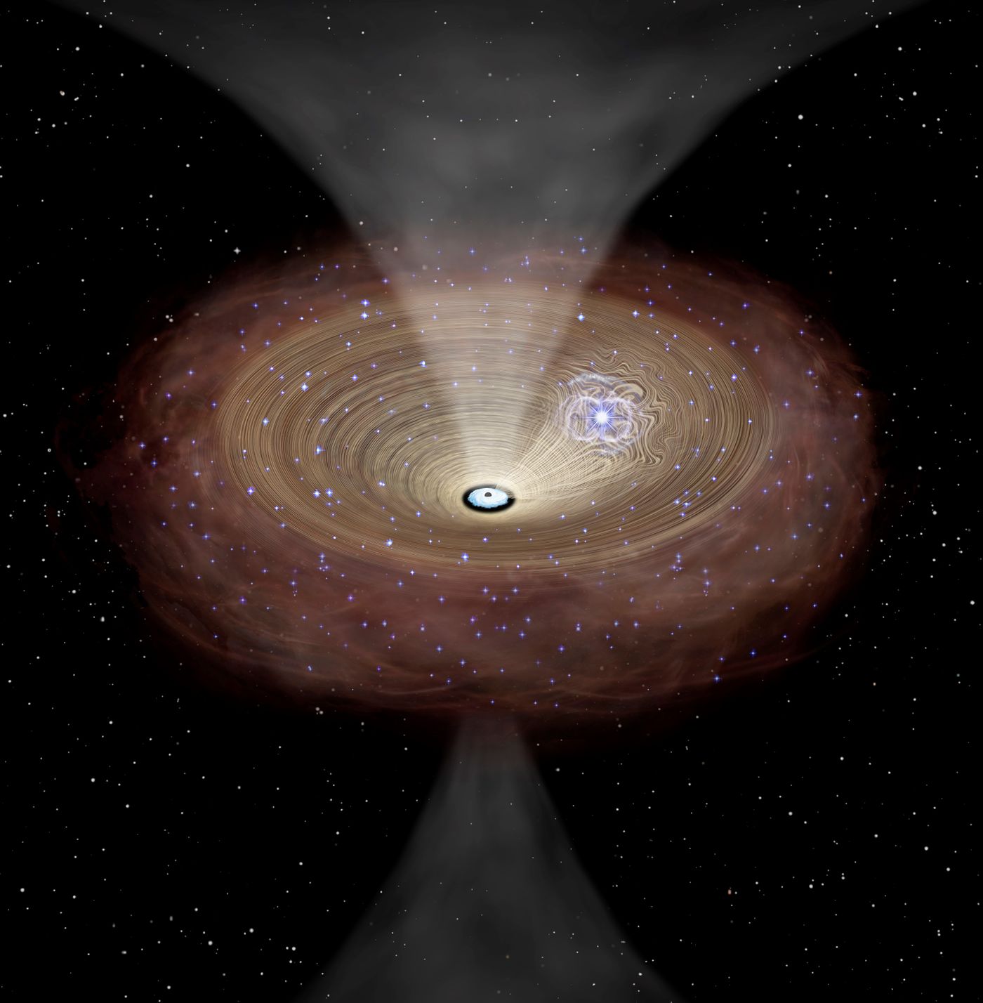 An artist's rendition of gas being driven into a supermassive black hole by a supernova.