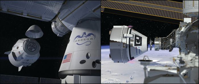 An artist's impression of SpaceX and Boeing space capsules docking to the International Space Station, side by side.