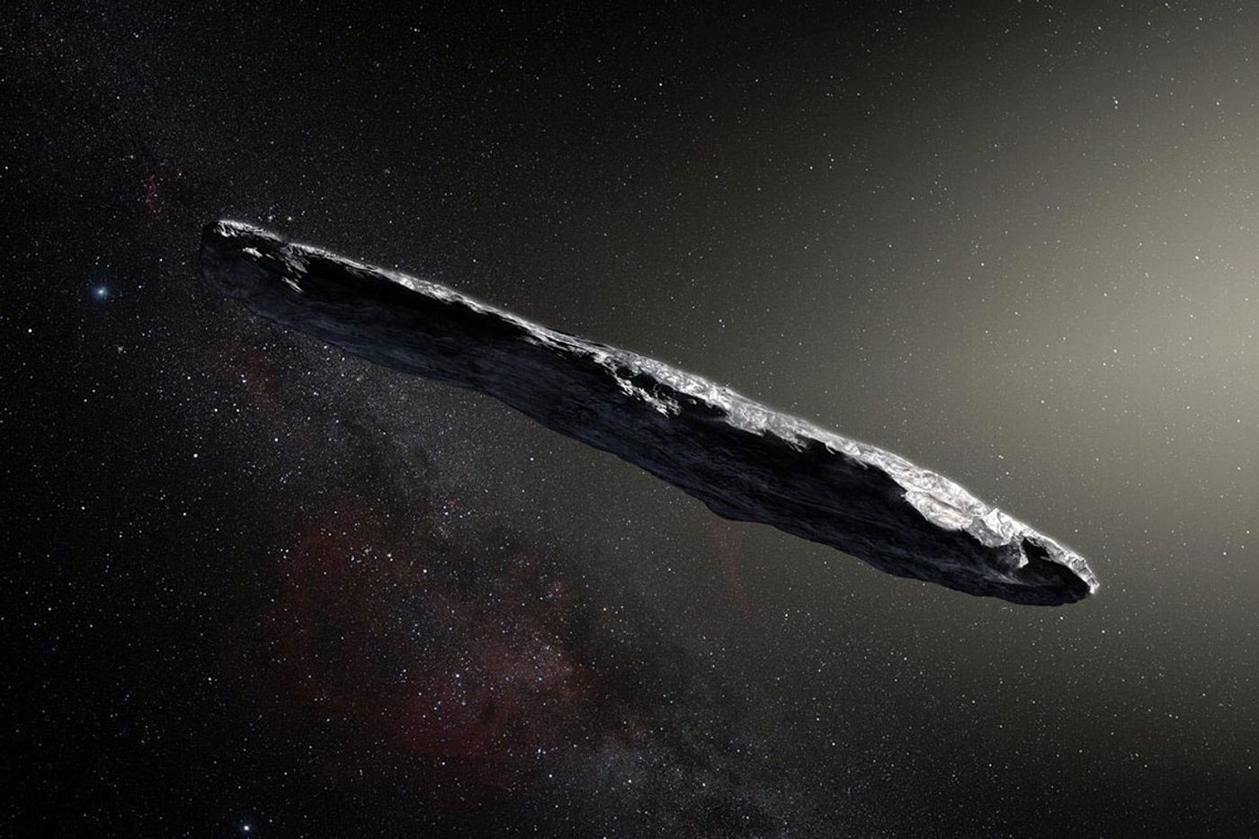 An artist's rendering of the cigar-shaped Oumuamua.