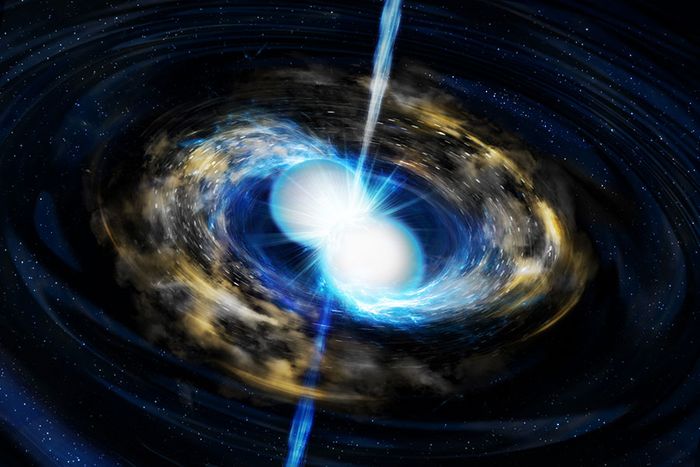This is an artist's conception of a neutron star merger. Credit: Tohoku University