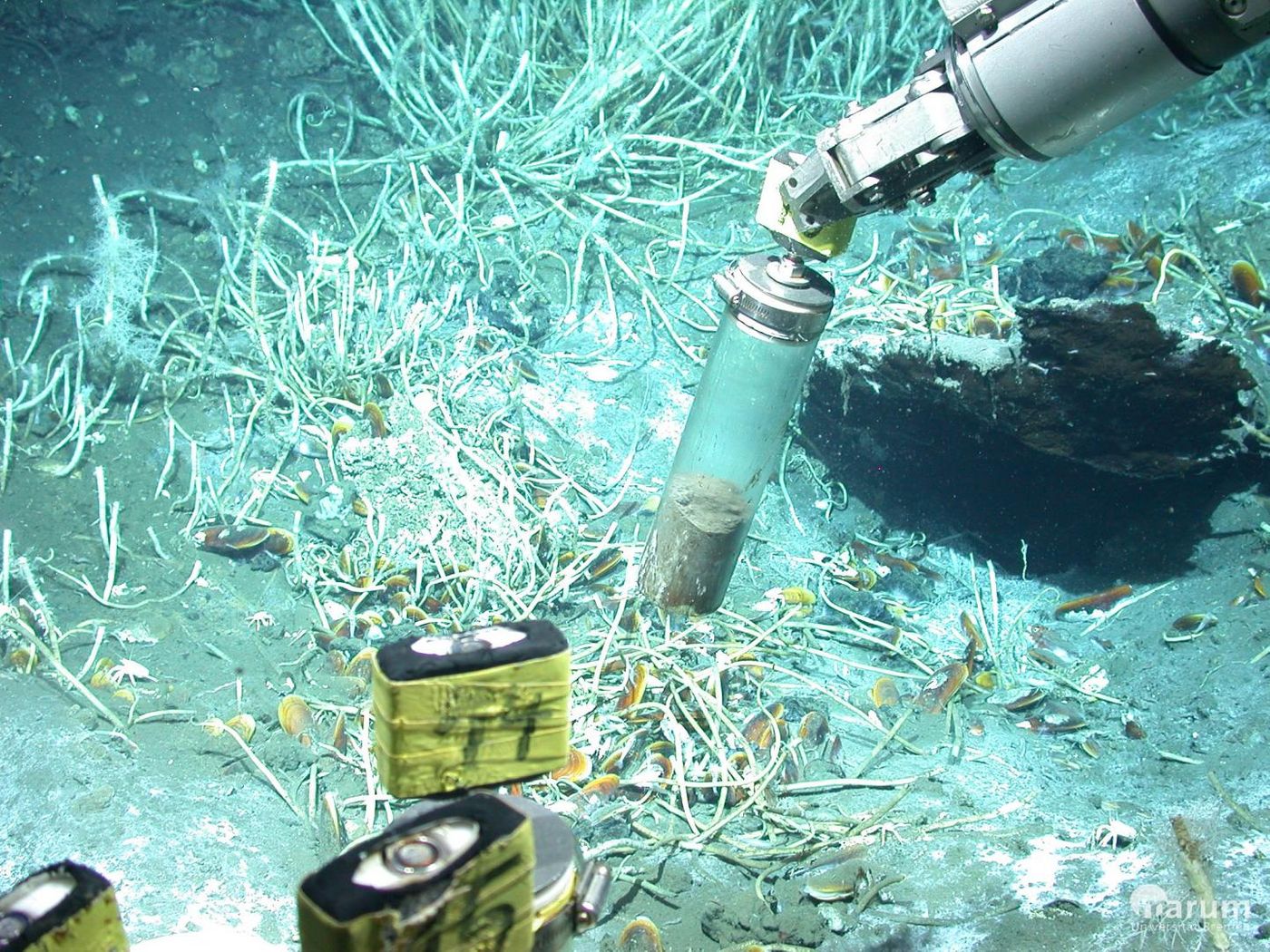 The submersible vehicle MARUM-QUEST samples for sediment at oil seeps in the Gulf of Mexico. / Credit: MARUM -- Center for Marine Environmental Sciences