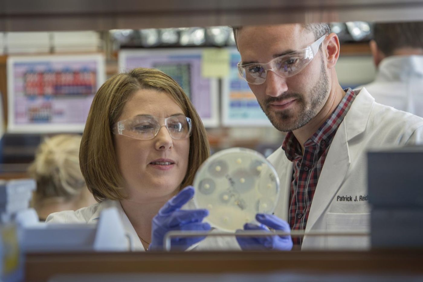 New research sheds light on how MRSA is introduced into households and how it can spread among family members. Shown are the study's senior author, Stephanie A. Fritz, MD, (left) and co-author Patrick Hogan. / Credit: Washington University School of Medicine