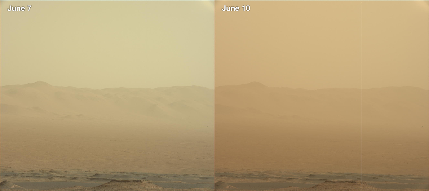 These are two images obtained by NASA's Curiosity Rover, standing inside Gale Crater, taken 3 days apart. The images show how dust in the atmosphere has increased from a major Martian dust storm. Credit: NASA/JPL/MSSS