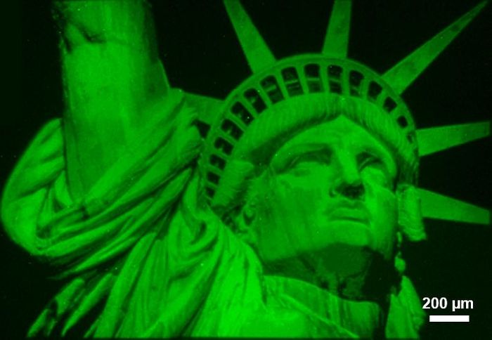 The above Lady Liberty image illustrates the capabilities of polymer brush hypersurface photolithography. Fluorescent polymer brushes were printed from initiators on the surface, and variations in color densities correspond to differences in polymer heights, which can be controlled independently at each pixel in the image. / Credit: Advanced Science Research Center