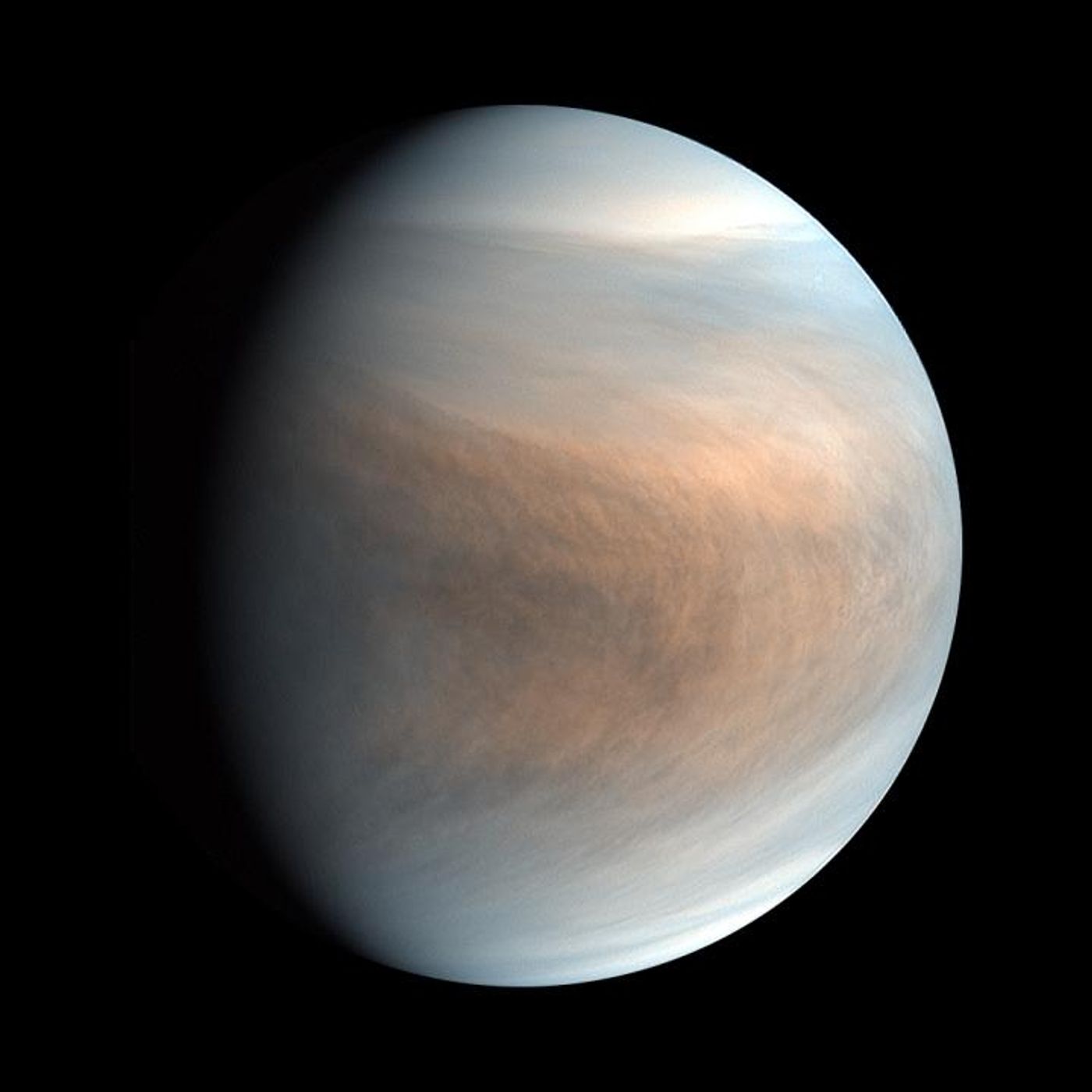 Synthesized false colour image of Venus, using 283-nm and 365-nm band images taken by the Venus Ultraviolet Imager (UVI). / Credit  JAXA / ISAS / Akatsuki Project Team