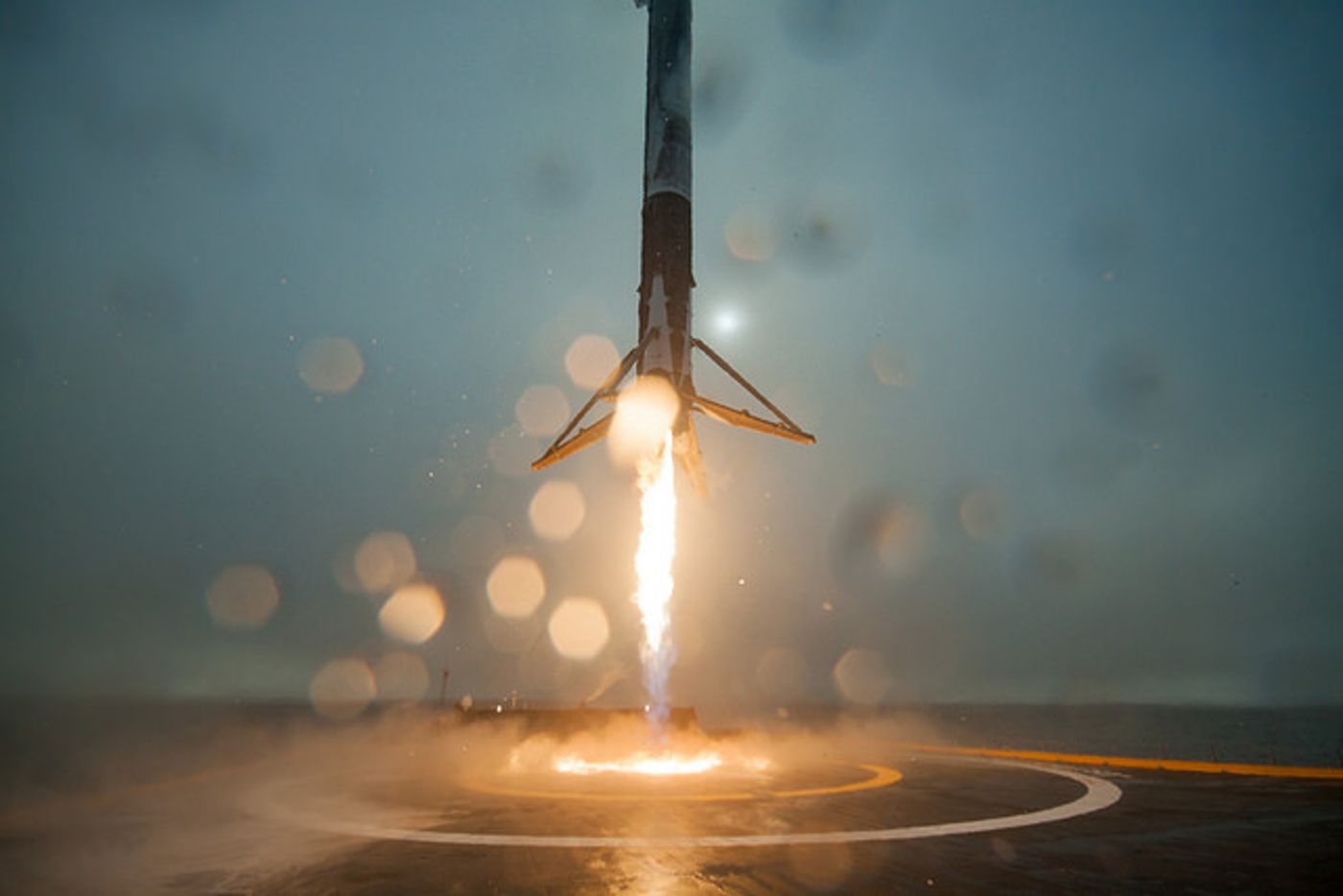 A SpaceX Falcon 9 rocket as it approaches the landing pad.