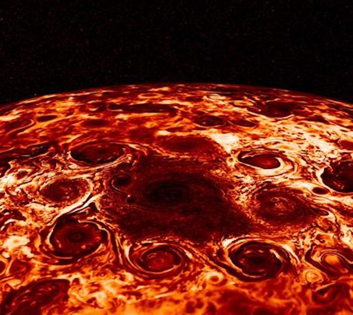 Storms gathered at the south pole of Jupiter, as imaged by the Juno probe./ Credit: NASA-JPL/Caltech