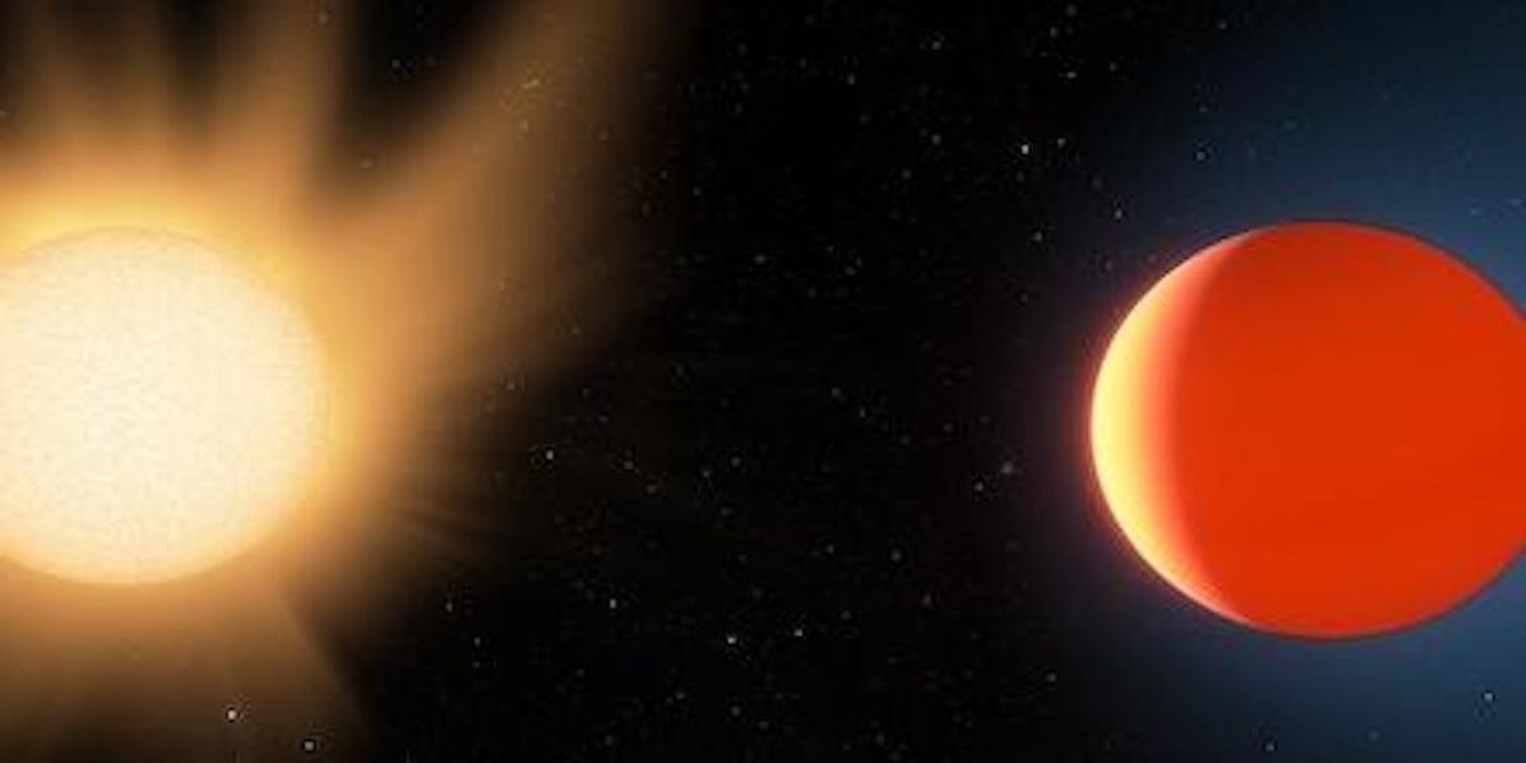 This artist's impression shows LTT9779b near the star it orbits, and highlights the planet's ultra-hot (2000 Kelvin) day-side and its quite-toasty night-side (around 1000 K). / Credit: Ethen Schmidt | University of Kansas