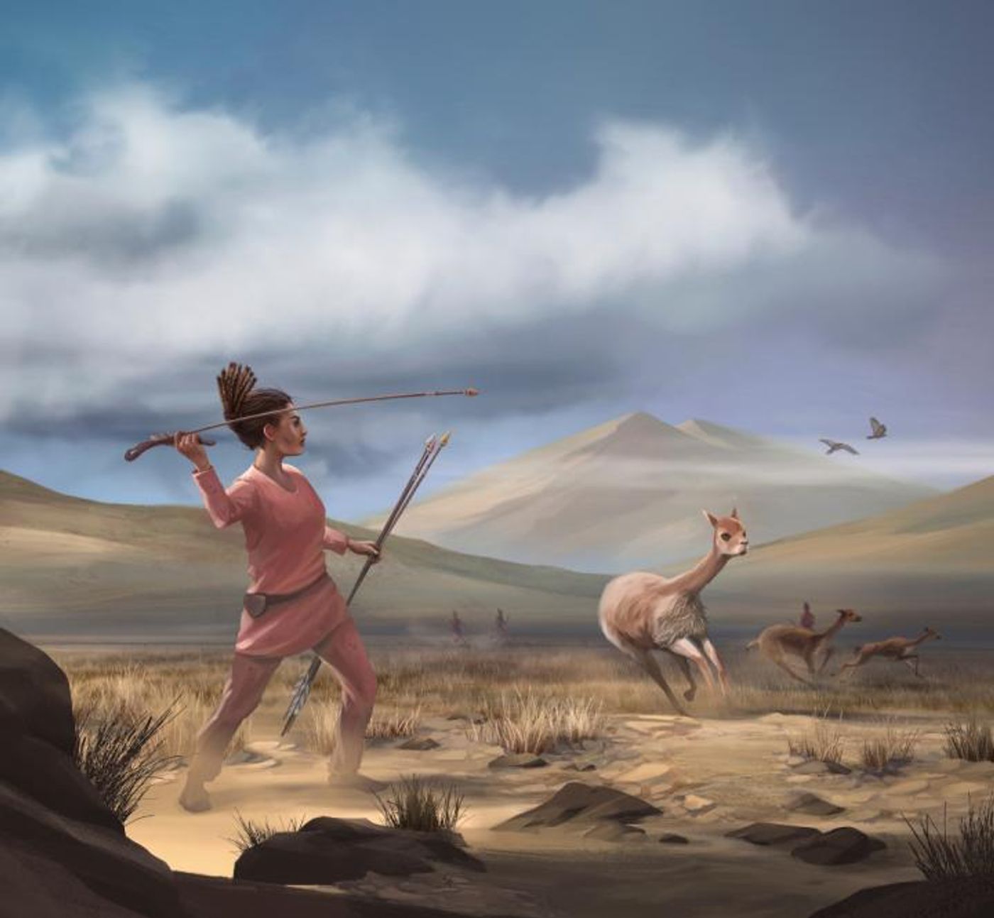 Illustration of female hunter depicting hunters who may have appeared in the Andes 9,000 years ago. / Credit: Matthew Verdolivo, UC Davis IET Academic Technology Services
