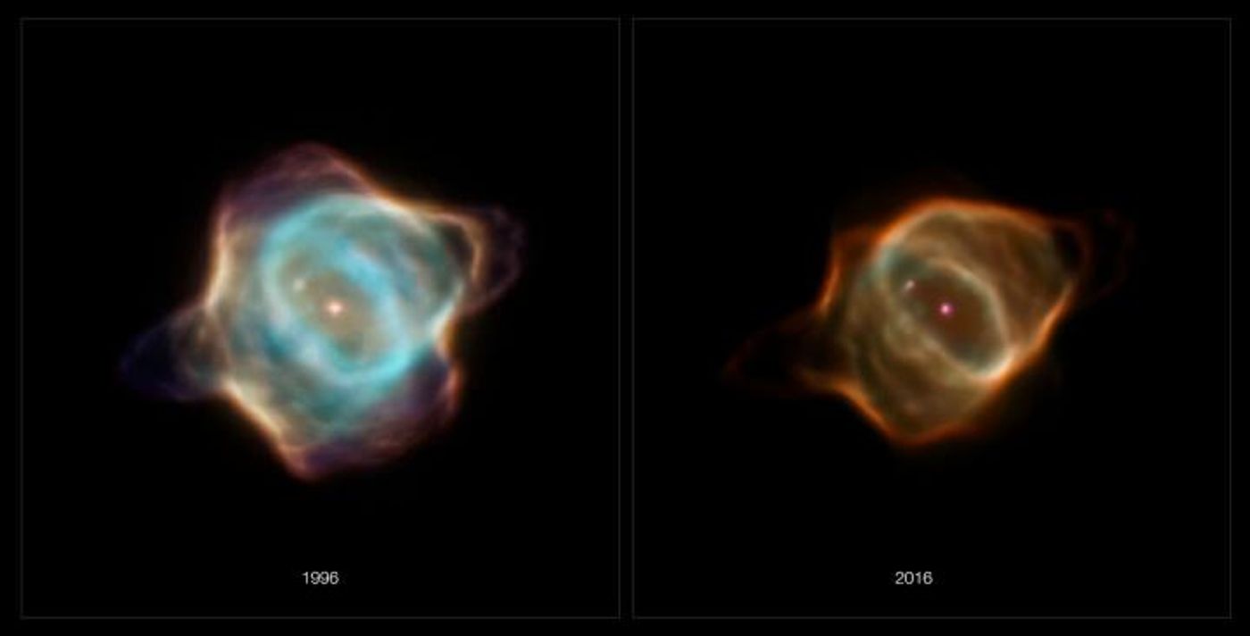 Hubble images of the Stingray nebula taken in 1996 on the left and 2016 on the right / Credit: NASA, ESA, B. Balick (University of Washington), M. Guerrero (Instituto de Astrofisica de Andalucia), and G. Ramos-Larios (Universidad de Guadalajara) 