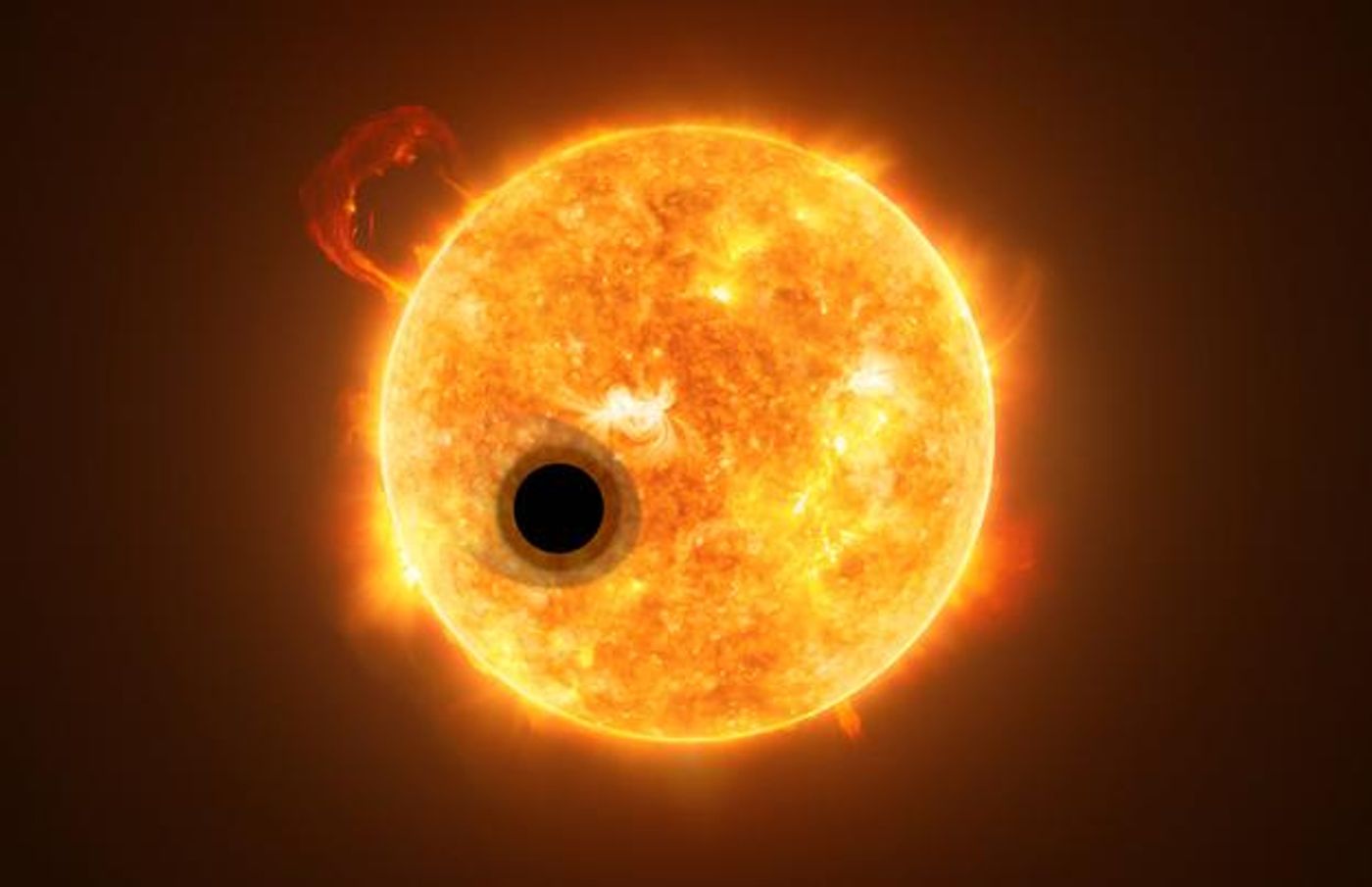 Artistic rendition of the exoplanet WASP-107b and its star, WASP-107. Some of the star's light streams through the exoplanet's extended gas layer. / Credit:  ESA/Hubble, NASA, M. Kornmesser.