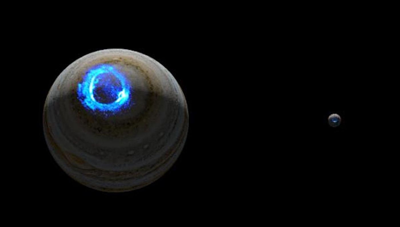 Even if Jupiter's diameter is ten times larger than the Earth's, this illustration shows the similarities between the two kinds of aurora. / Credit: NASA/JPL-Caltech/SwRI/UVS/STScI/MODIS/WIC/IMAGE/ULiège/Bonfond