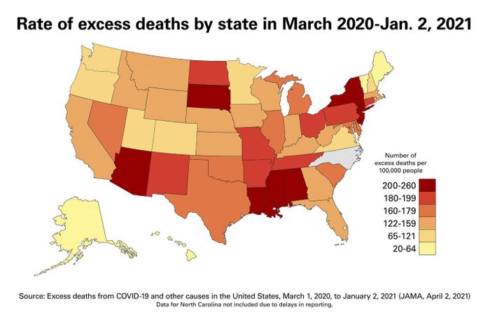 A map of the United States showing the rate of excess deaths. The Dakotas, New England, the South and Southwest had some of the highest excess deaths per 100,000 people during the final 10 months of 2020./ Credit: Virginia Commonwealth University