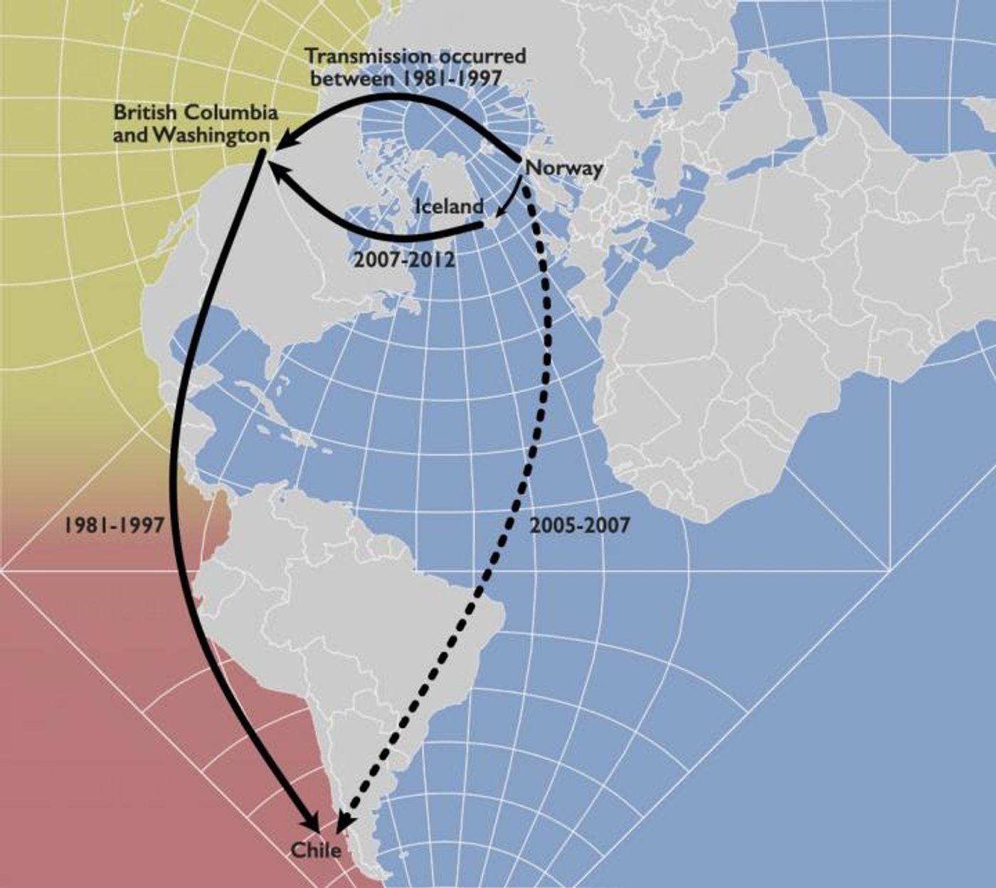 Global transmission map of Piscine orthoreovirus. / Credit: Gideon Mordecai