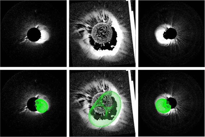 (Top panel, from left to right) July 12, 2012 coronal mass ejection seen in STEREO B Cor2, SOHO C2, and STEREO A Cor2 coronagraphs, respectively. (Bottom panel) The same images overlapped with the model results. / Credit: Talwinder Singh, Mehmet S. Yalim, Nikolai V. Pogorelov, and Nat Gopalswamy