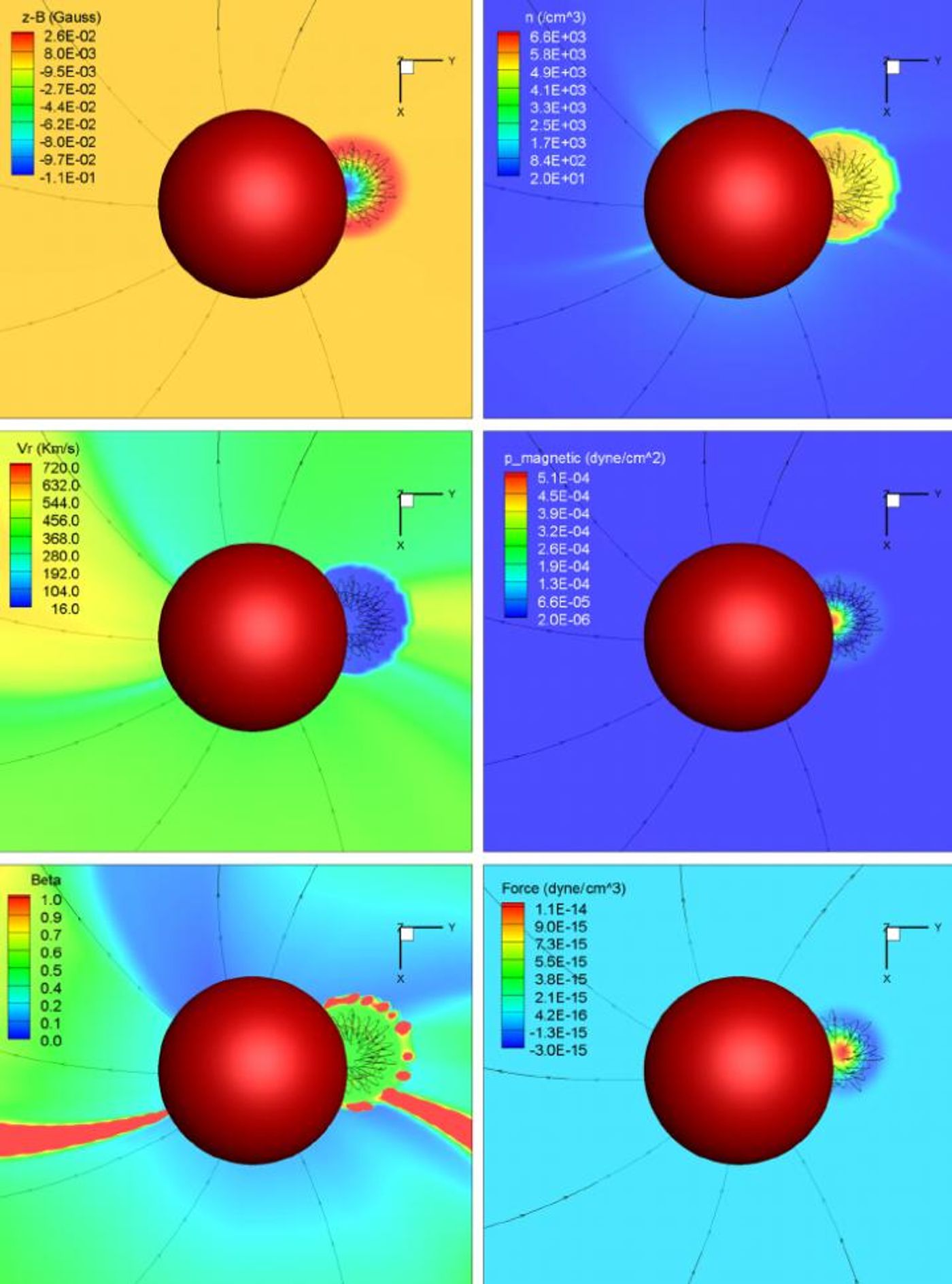 Magnetic field line configuration of the coronal mass ejection inserted at the inner boundary R = 0.1 AU, shown with the red sphere. / Credit: Talwinder Singh, Tae K. Kim, Nikolai V. Pogorelov, and Charles N. Arge