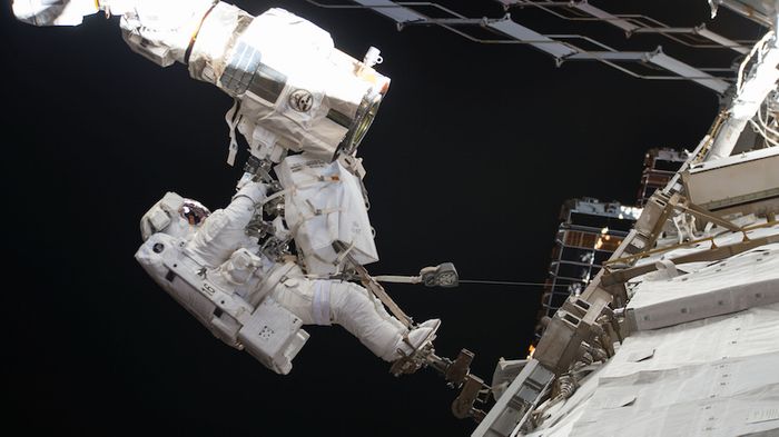 Astronauts maintain the Candarm-2, the International Space Station's robotic arm.