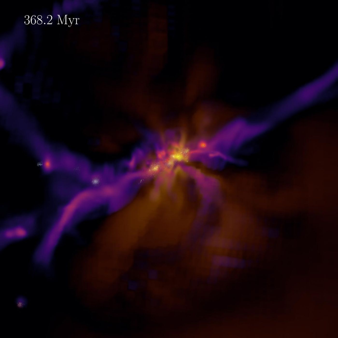 Still of a video showing the formation and evolution of the first stars and galaxies in a virtual universe similar to our own. Credit  Dr Harley Katz, Beecroft Fellow, Department of Physics, University of Oxford