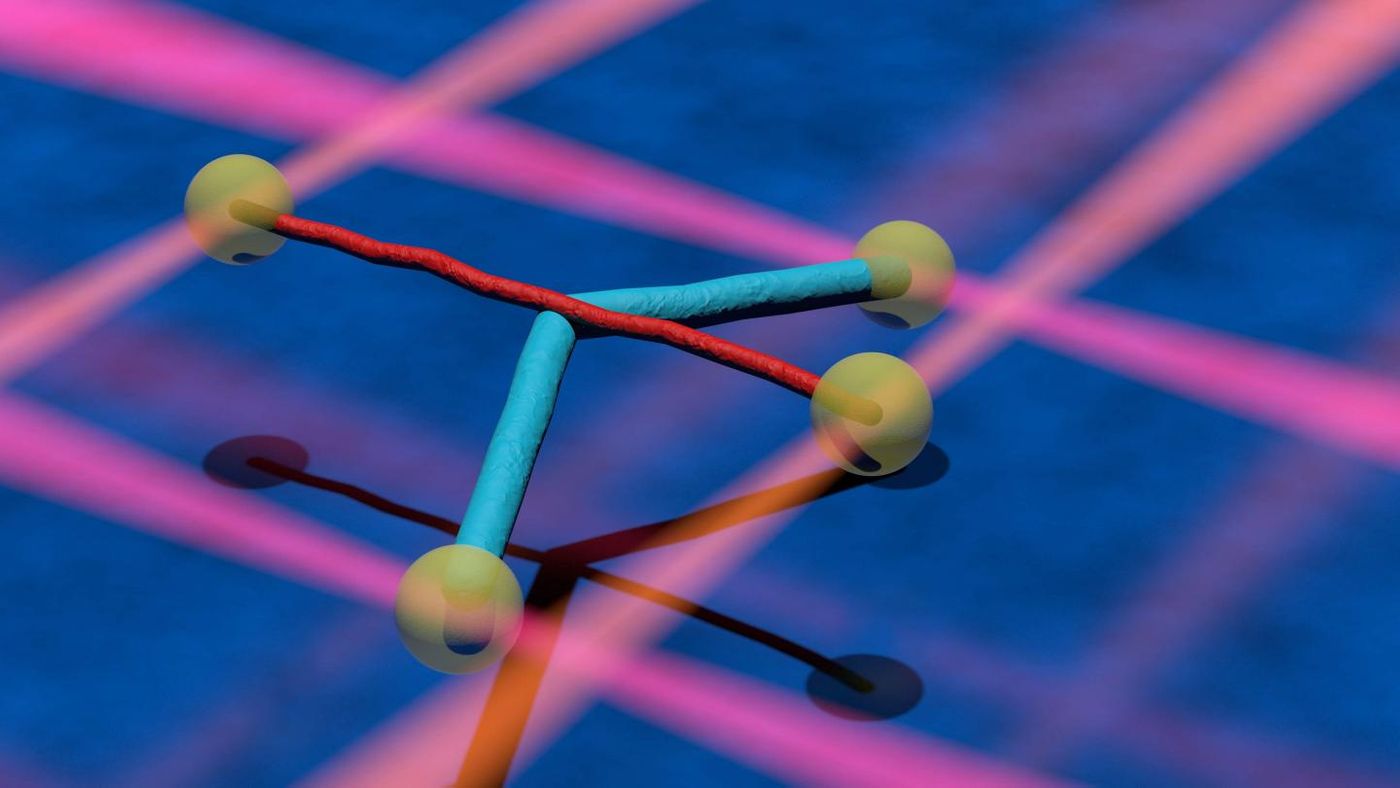 Two filaments (cyan and red) linked to microscopic beads (yellow). Laser beams help hold the particles in place (orange and red lines). The filaments cross and then move over each other. The interaction can be so strong that one filament bends (blue). / Credit: Markus Osterhoff, Institute for X-ray Physics