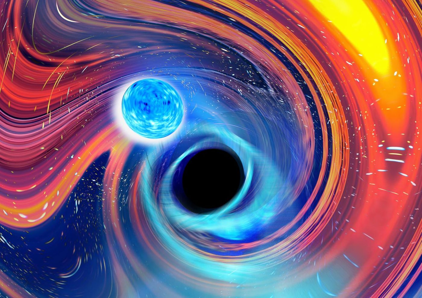 An artistic image inspired by a black hole-neutron star merger event./ Credit: Carl Knox, OzGrav/Swinburne