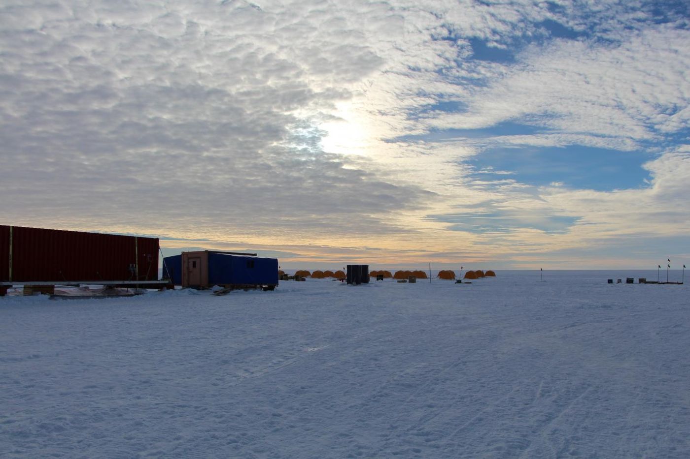 The field location, including tents and labs, at Subglacial Lake Whillans, Antarctica. / Credit: John Priscu