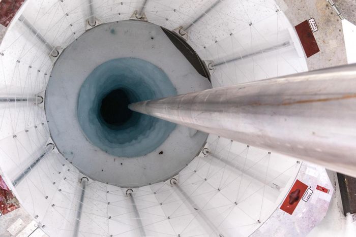 Subglacial drilling is shown in this image of a UV collar, borehole and hot water drill at another subglacial lake, Lake Mercer. / Credit: Billy Collins