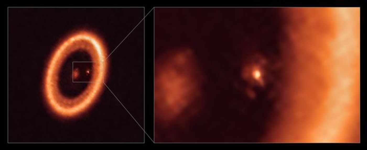 An ALMA image shows a wide view, the star PDS 70 is at the center (left) & close-up (right) views of the moon-forming disc around PDS 70c. In right, the circumplanetary disc is center-front & a larger circumstellar ring-like disc takes up most of the right-hand side. PDS 70b isn't seen. Credit: ALMA (ESO/NAOJ/NRAO)/Benisty et al.