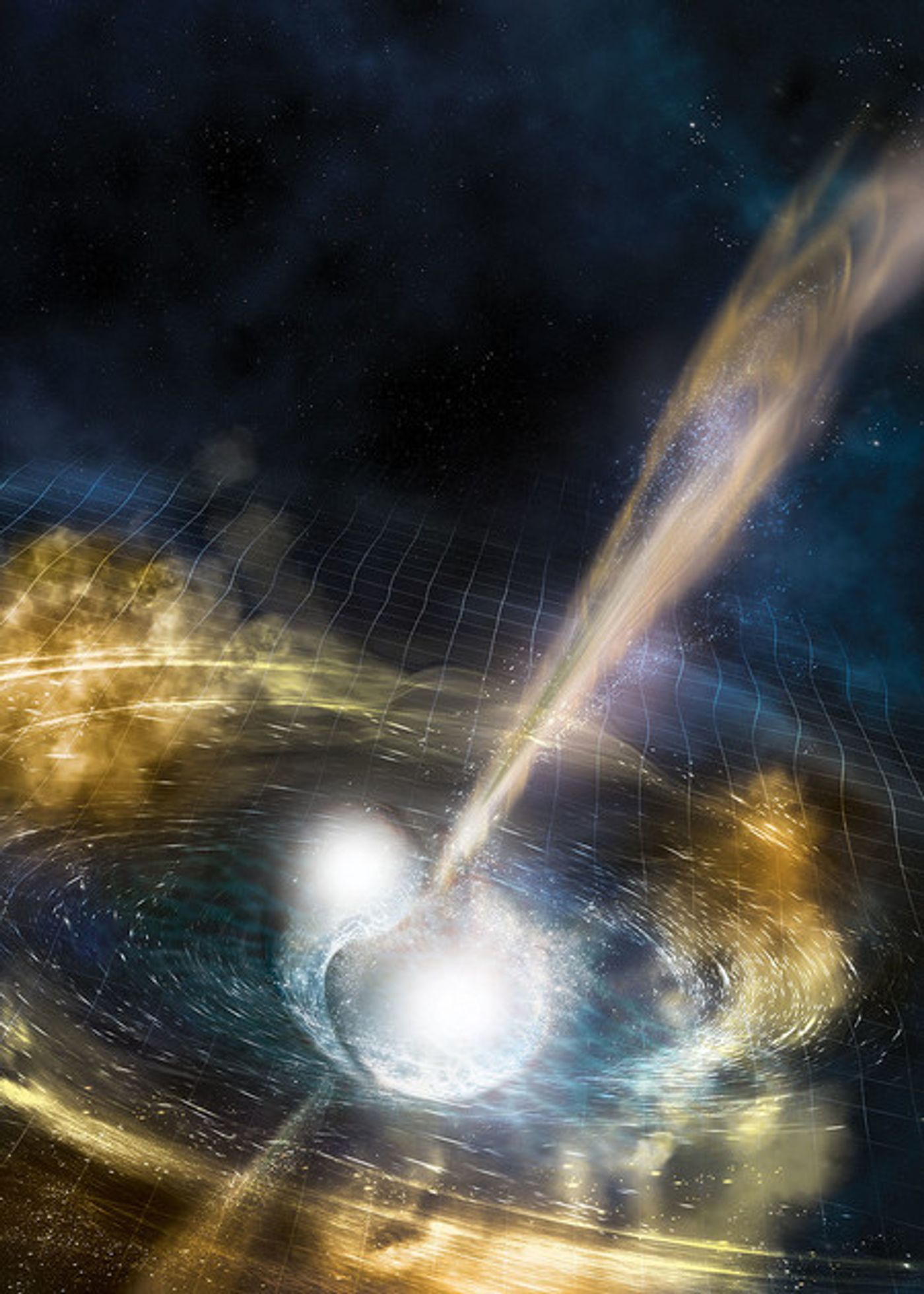 An artist's impression of two neutron stars merging together.