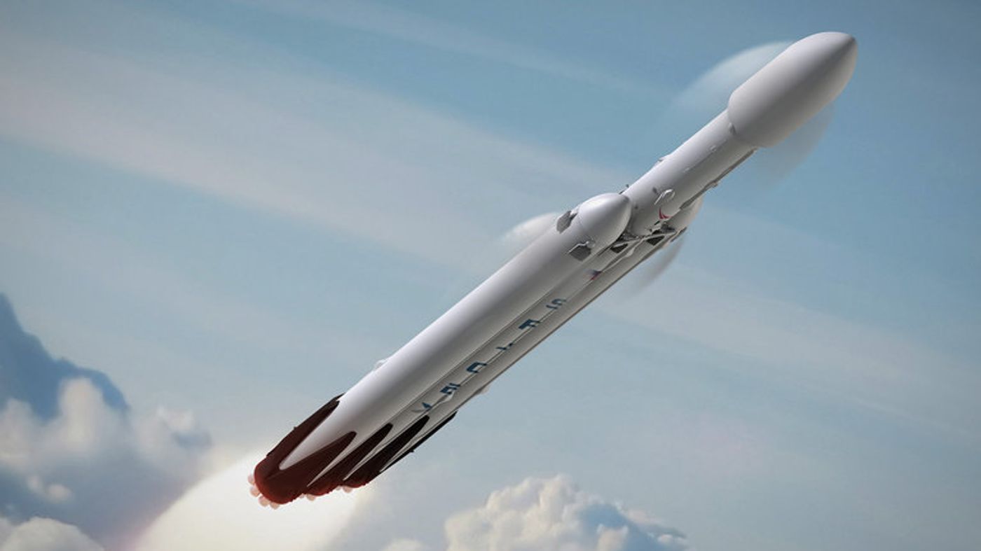 An artist's impression of the SpaceX Falcon Heavy rocket launching.