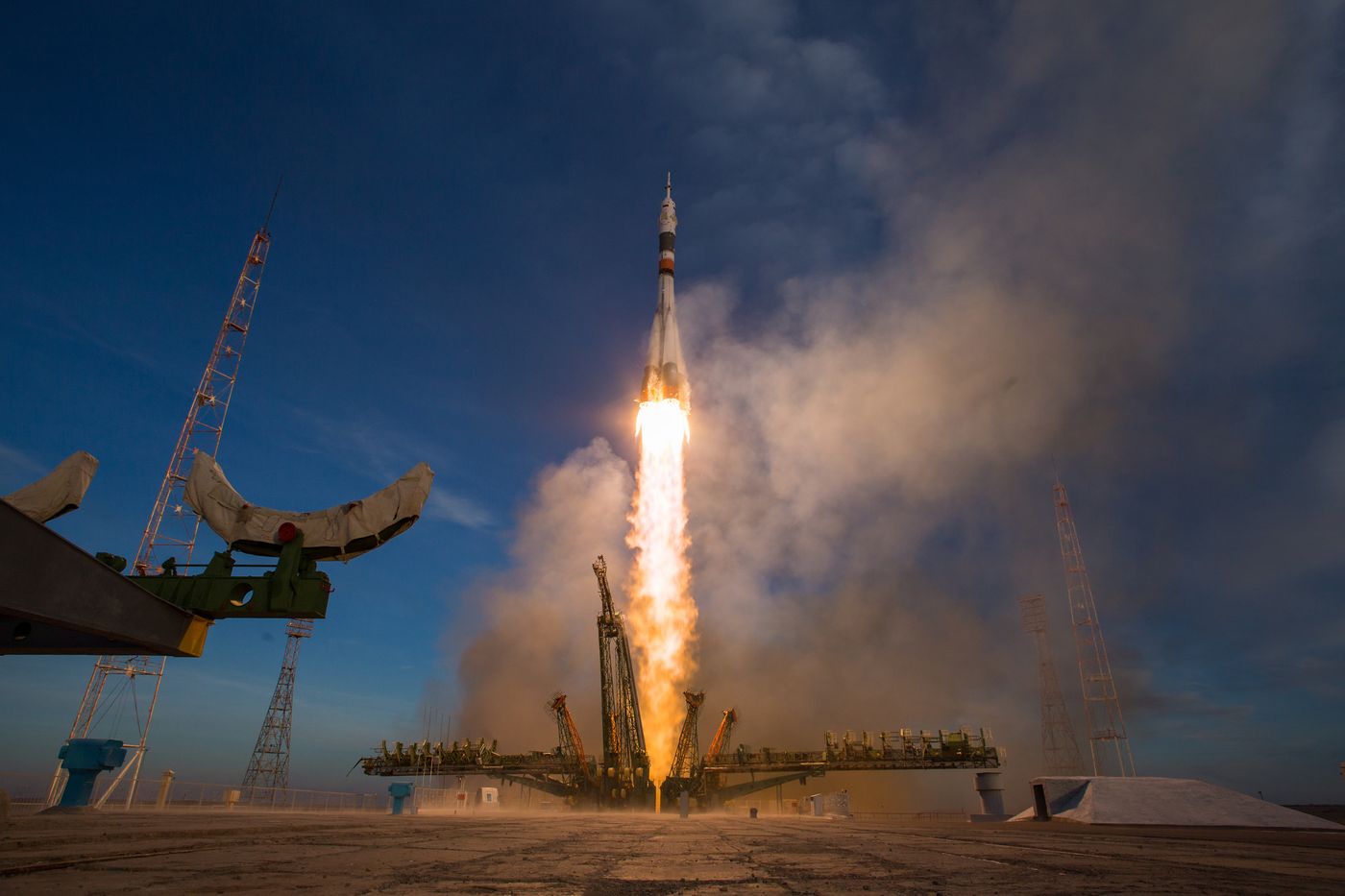 The Soyuz rocket blasted off from the Baikonur Cosmodrome in Kazakhstan.
