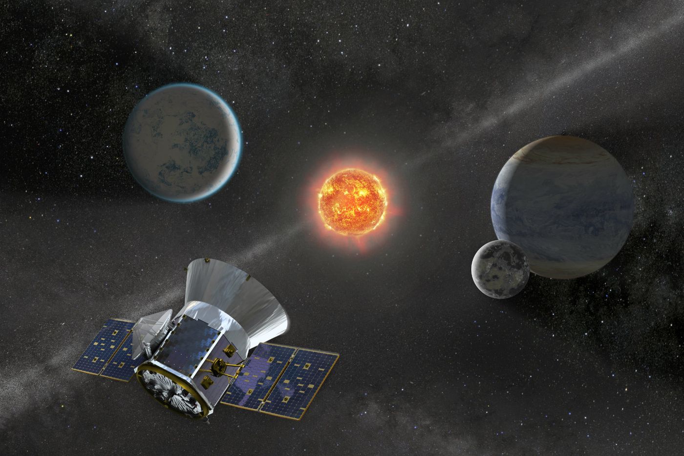 An artist's impression of the TESS spacecraft in space.