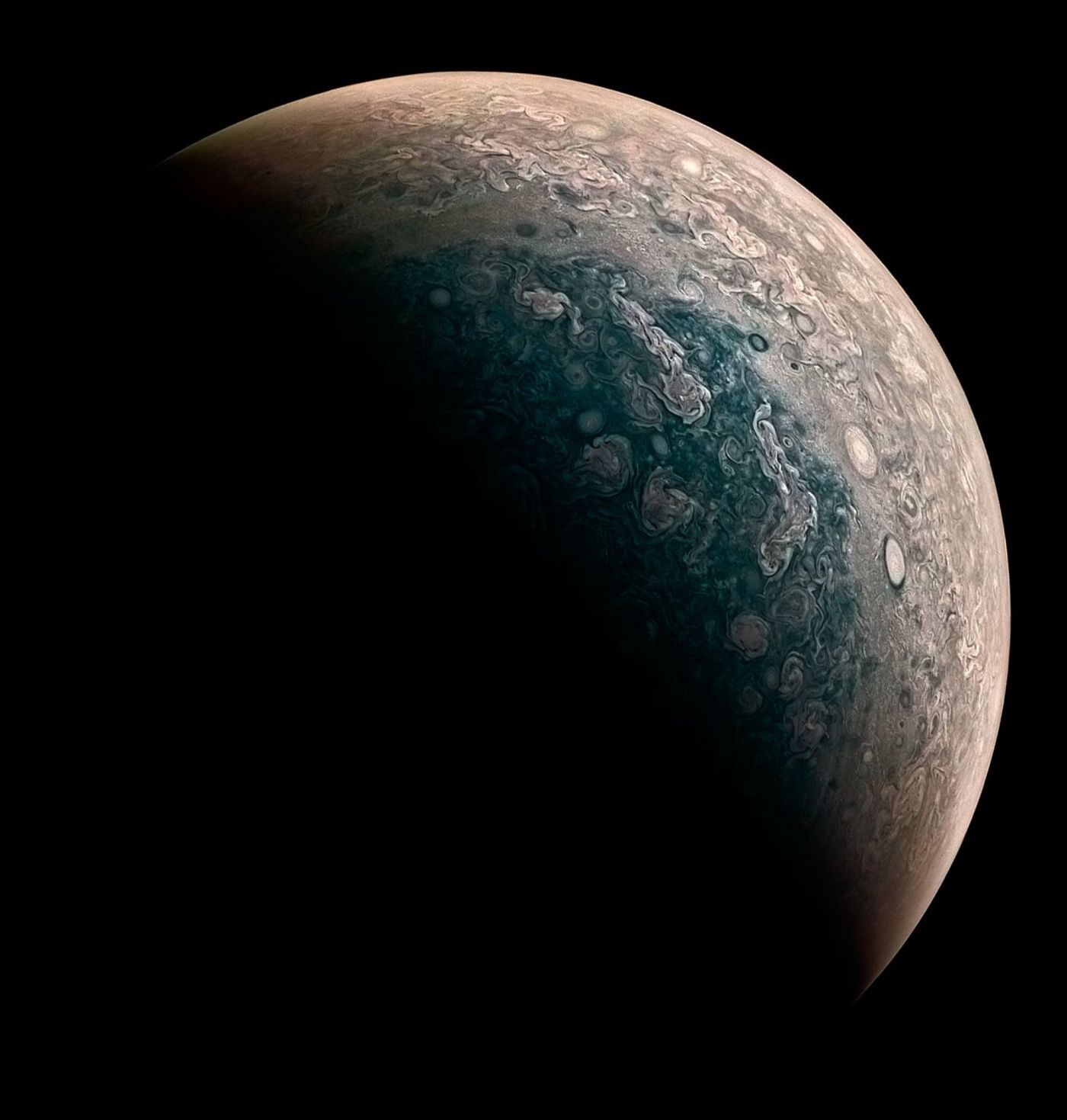 A processed image of Jupiter's North pole from the perspective of Juno.