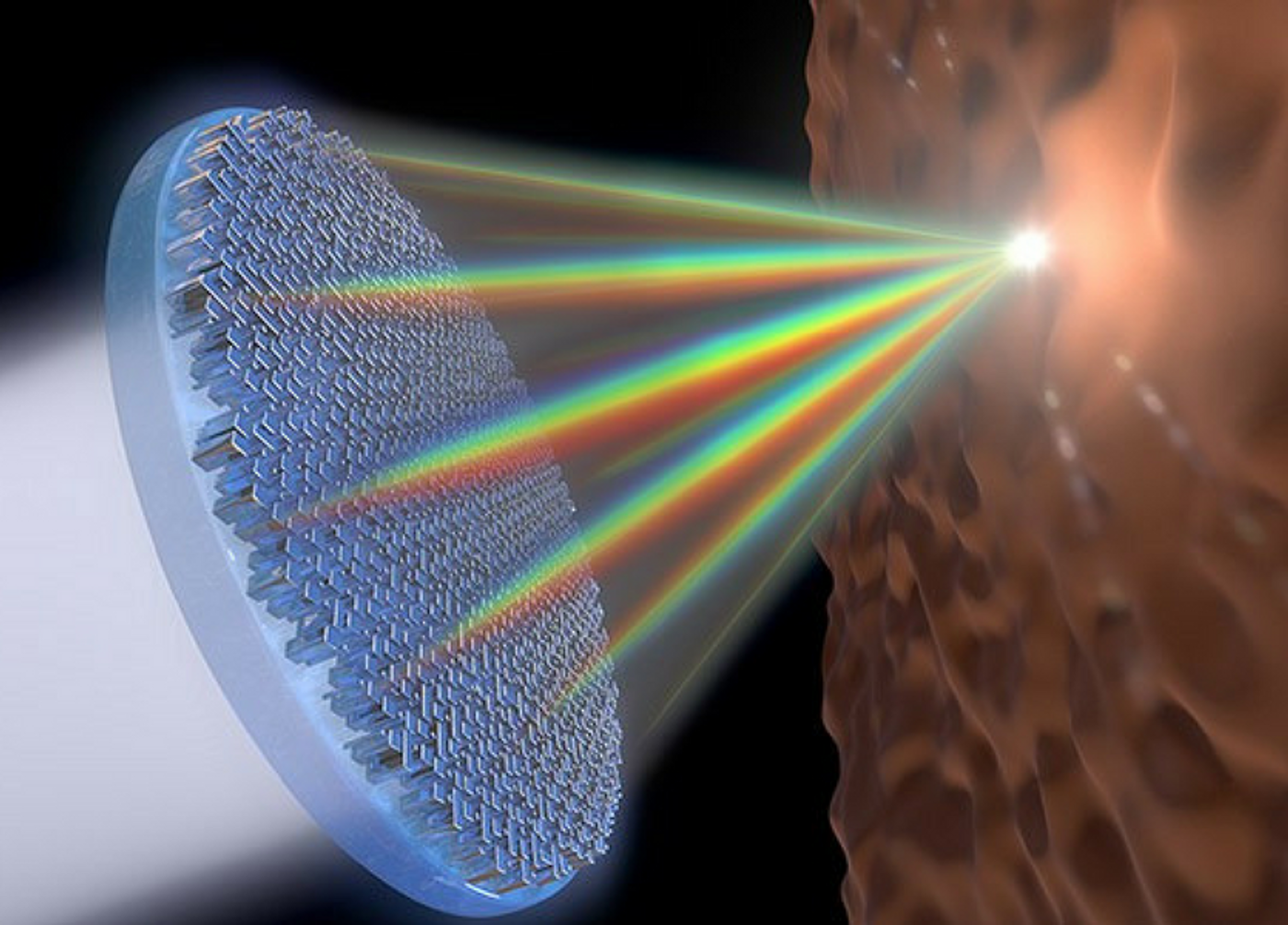 This flat metalens is the first single lens that can focus the entire visible spectrum of light. Credit: Jared Sisler/Harvard SEAS