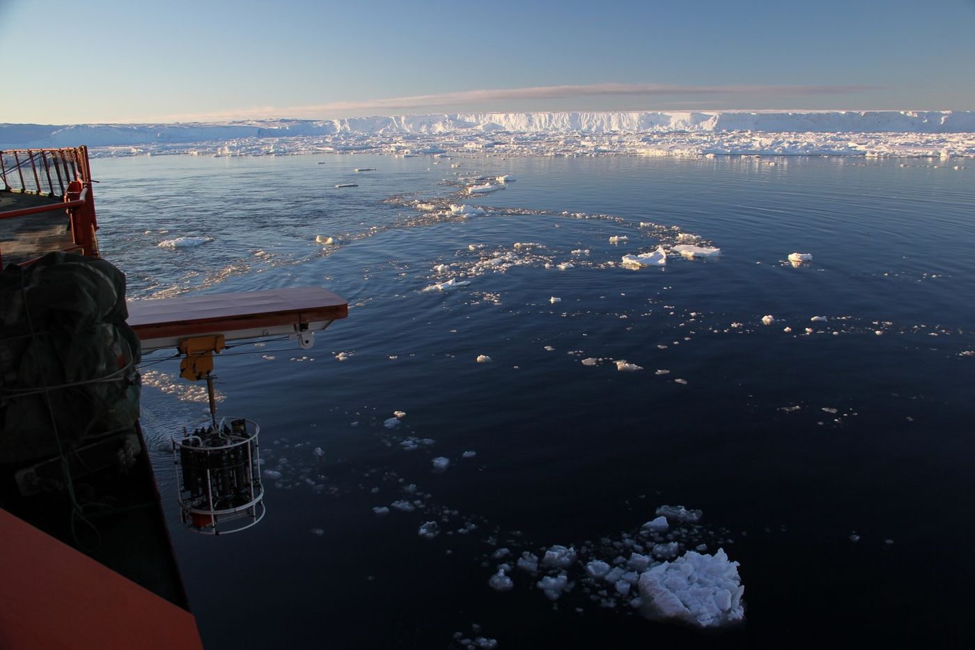 A Conductivity-Temperature-Depth profiler being deployed near the front of the Totten Glacier. (Credit: Steve Rintoul CSIRO and ACE CRC)