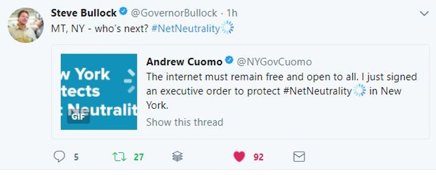 Tweets by Bullock and Cuomo, credit: Steve Bullock on twitter (@GovernorBullock)