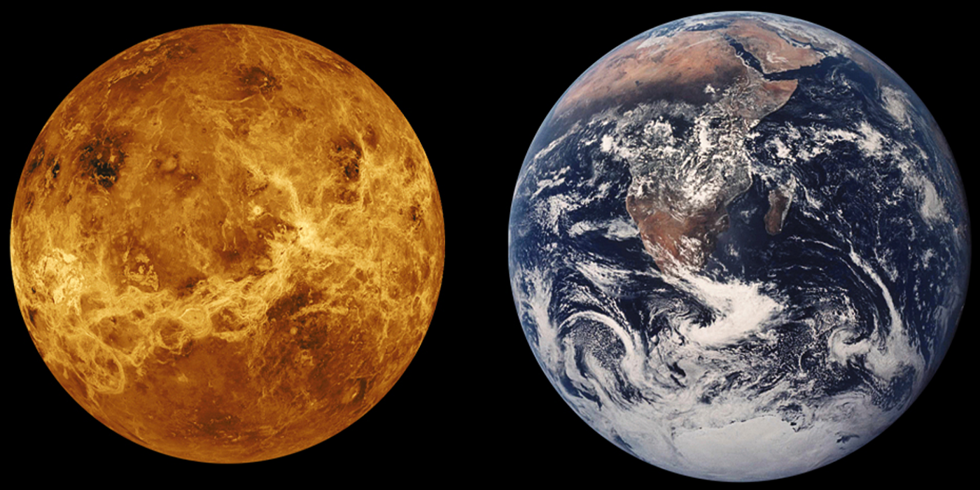 A picture of Venus compared with a picture of Earth.
