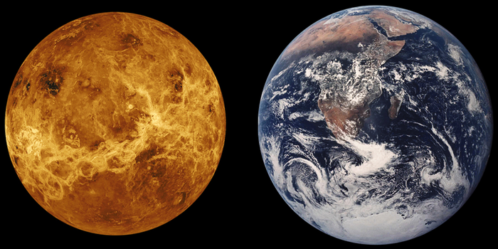 A picture of Venus compared with a picture of Earth.