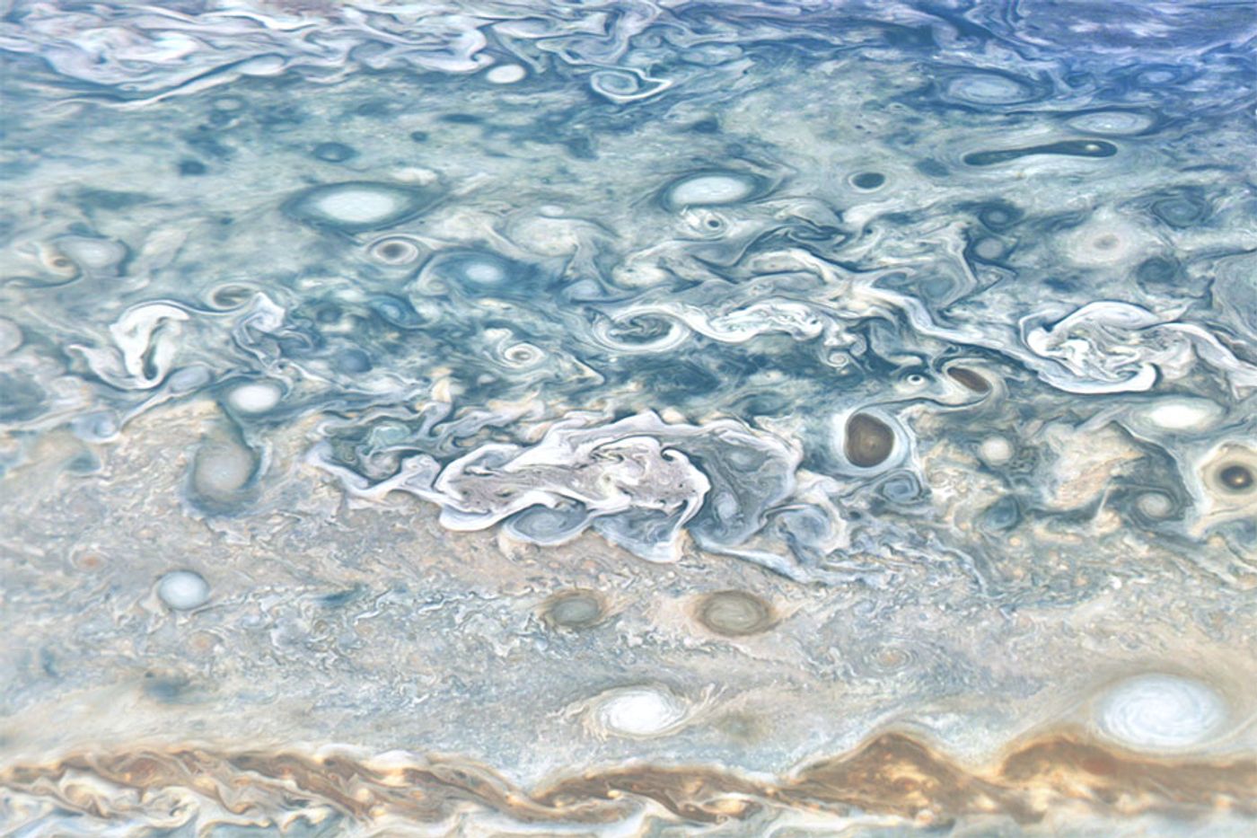 An image of Jupiter that shows the huge diversity in the colors and shape of vortices (hurricane-like storms) in the atmosphere of Jupiter. Credit: NASA/JPL-Caltech/SwRI/Ramanakumar Sankar