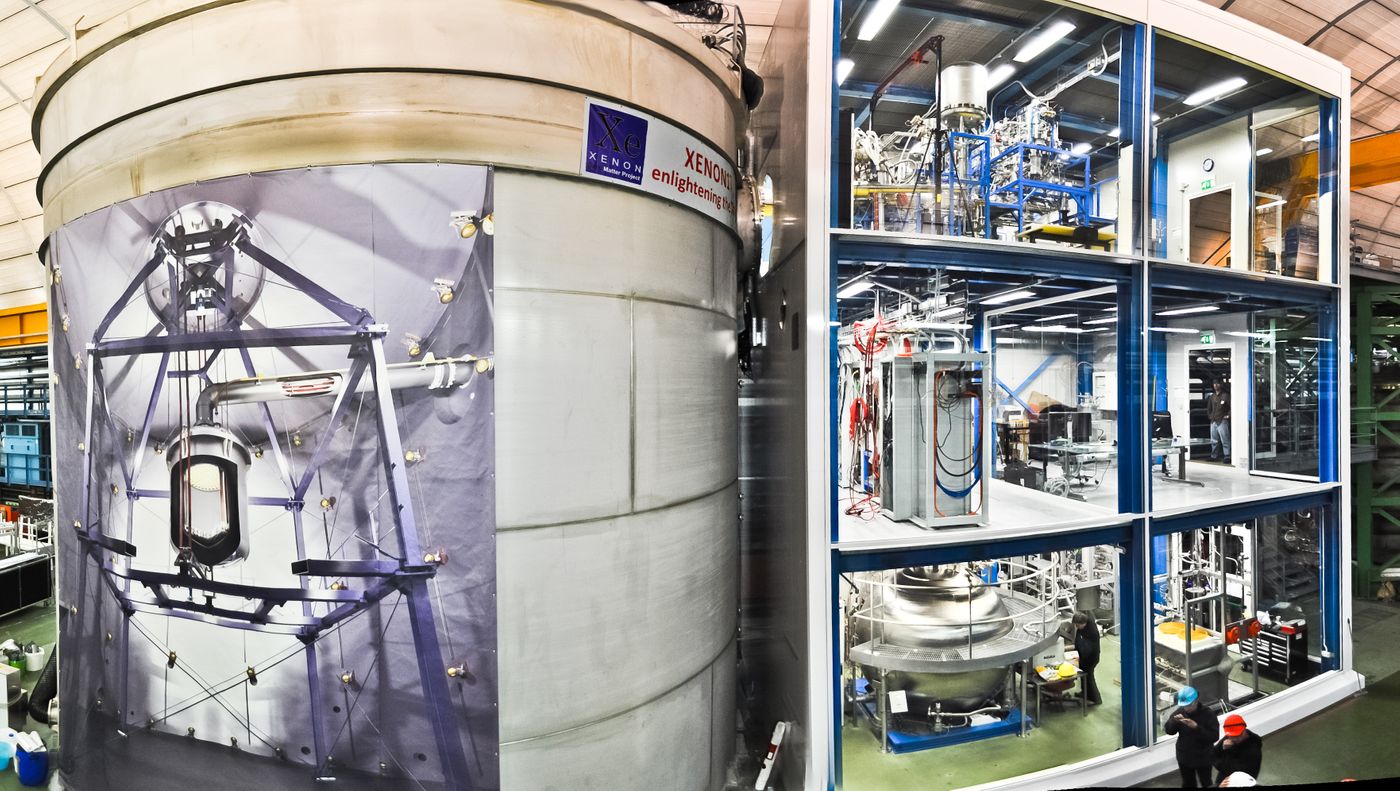 The XENON Experiment underground. Left the water tank with a poster showing what's inside. Right the three-story service building.