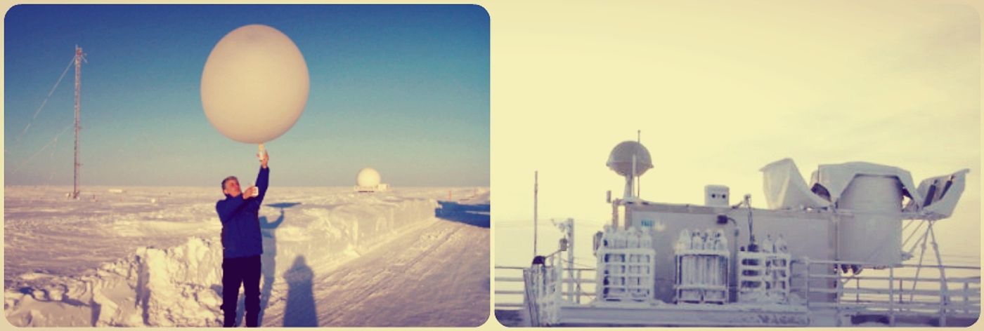 weather balloon being released in Alaska, credit: Atmospheric Radiation Measurement Climate Research Facility, and an Autosonde station, credit: Chris Waigl, ARM NSA Ops wiki