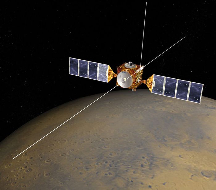 Artist impression of Mars Express with the horizontal MARSIS instrument fully deployed. Image Credit: NASA/JPL/Corby Waste