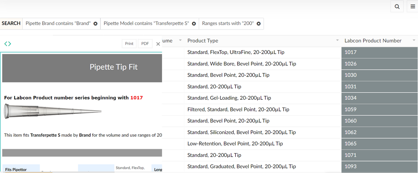 (Example search for pipette tips compatible with the 200µL Transferpette S®: 28 unique Labcon tips are compatible)