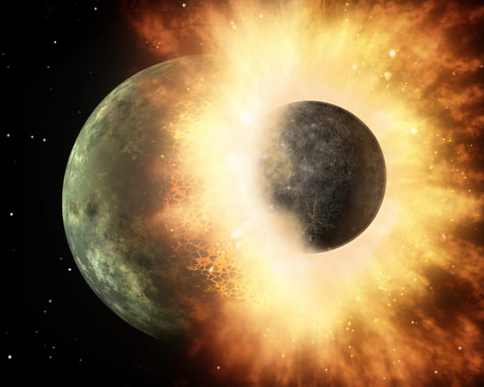 Artist's rendition of a collision like what might have formed the Earth's Moon. (Credit: NASA/JPL-Caltech) 