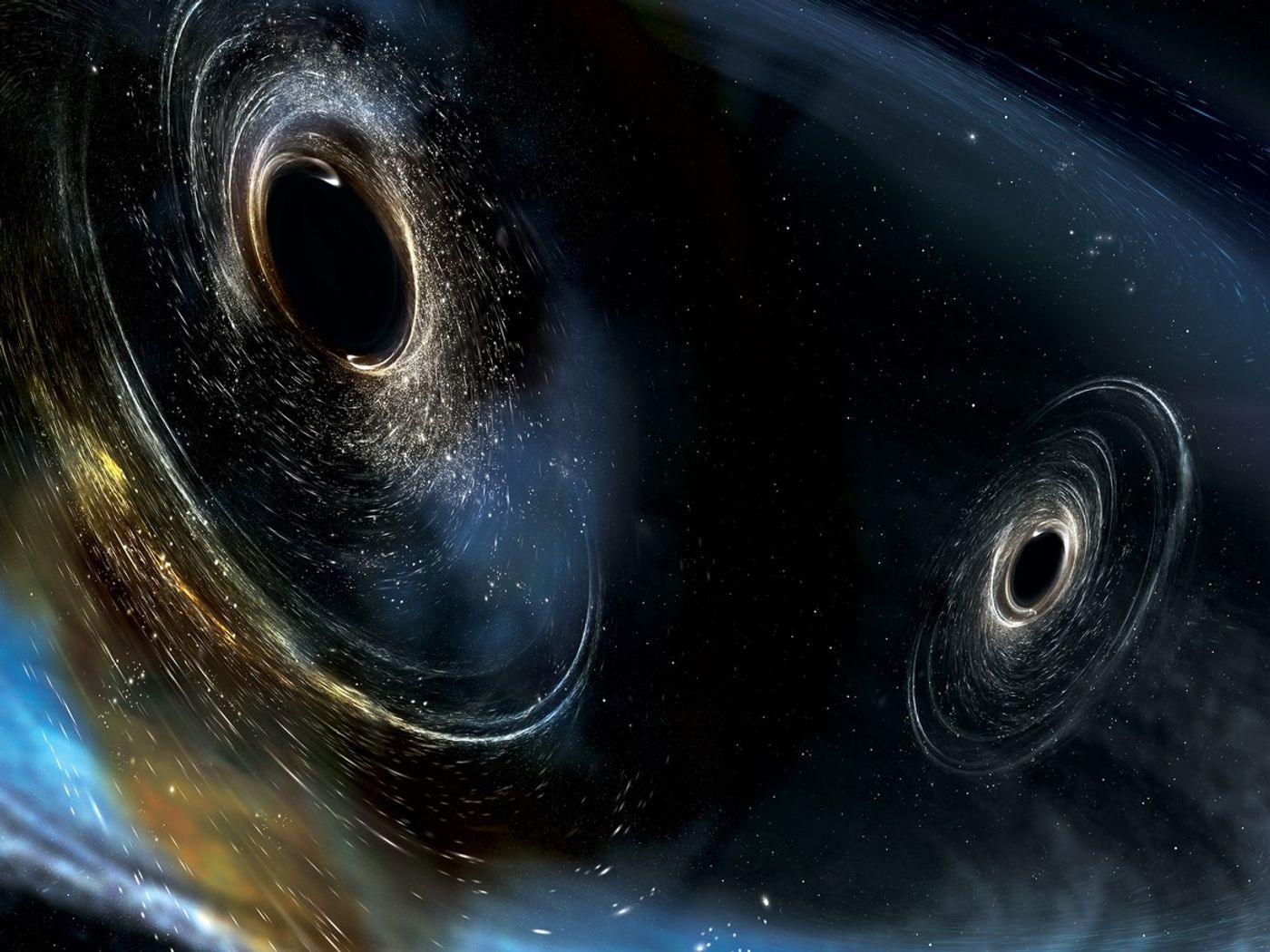 An artist's impression of two black holes merging together to form gravitational waves like those found by LIGO.